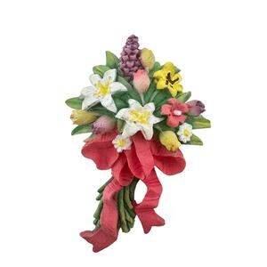 Vintage Hand Painted Colorful Flower Bouquet Ribbon Bow Plaster Craft Pin